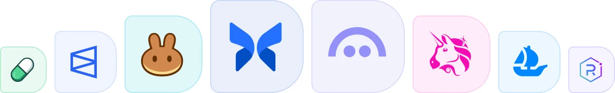 Logos of Web3 dApps including Pump.fun, Polymarket, Pancakeswap, Morpho, Aave, Uniswap, OpenSea and Raydium.